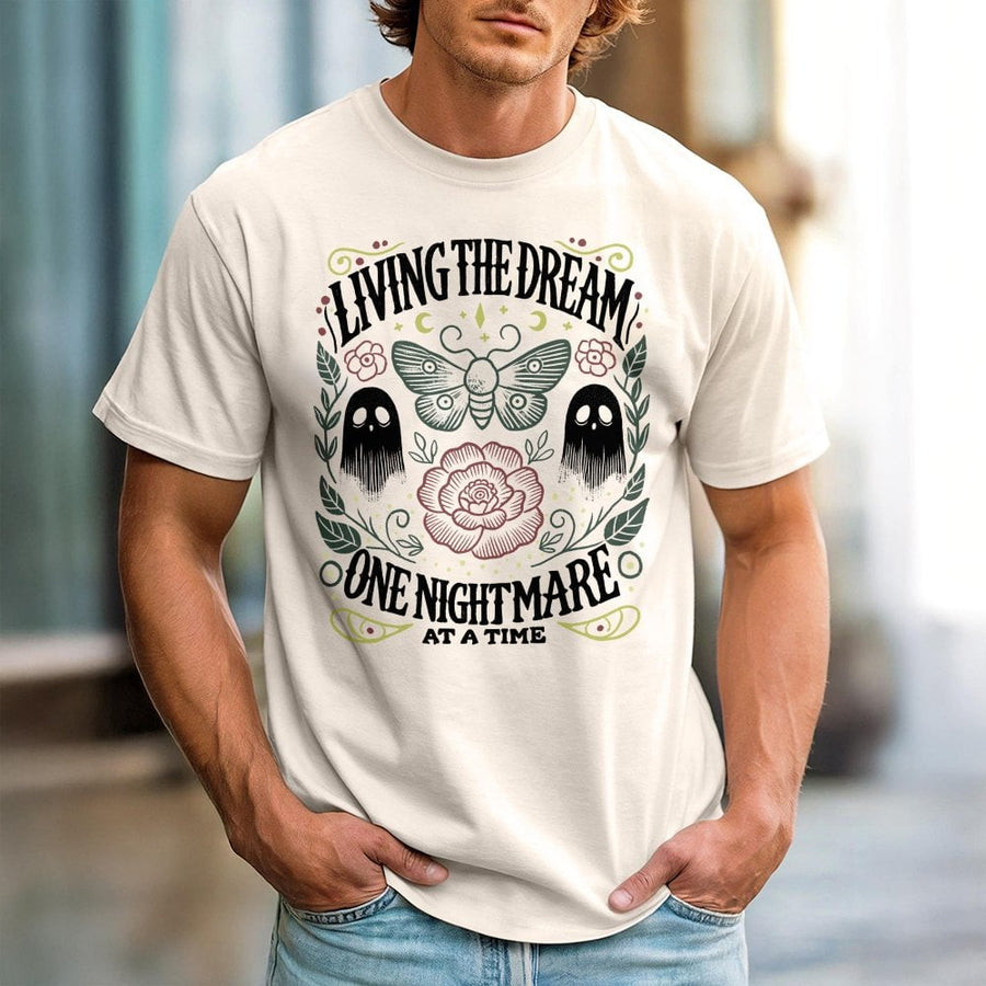 Living The Dream One Nightmare At A Time T-Shirt | Spooky Ghost Moth Graphic | Premium 100% Cotton Tee | Gothic Halloween Gift For Her