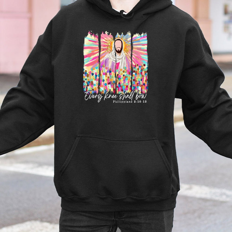 Every Knee Shall Bow Hoodie | Colorful Jesus Bible Verse Graphic | Premium Cotton Blend | Christian Faith Gift for Believers