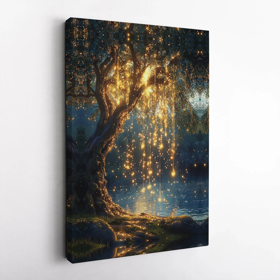 Enchanted Forest Canvas Wall Art | Glowing Fairy Lights Tree Over Lake | Premium Gallery Wrap Print | Whimsical Home Decor Gift