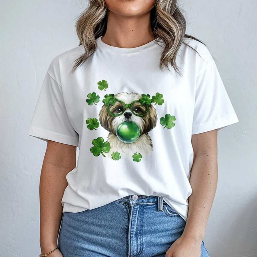 Shih Tzu St Patrick's Day T-Shirt | Funny Dog Blowing Bubble Gum Shamrock Glasses | Premium Soft Cotton Graphic Tee | Cute Pet Lover Gift Idea