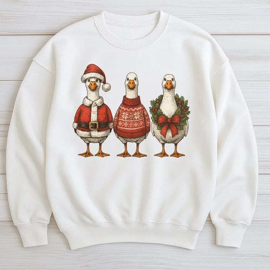 Christmas Goose Sweatshirt | Funny Santa Hat Holiday Trio Design | Premium Cotton Blend Unisex Crewneck | Cute Winter Apparel Gift For Animal Lovers