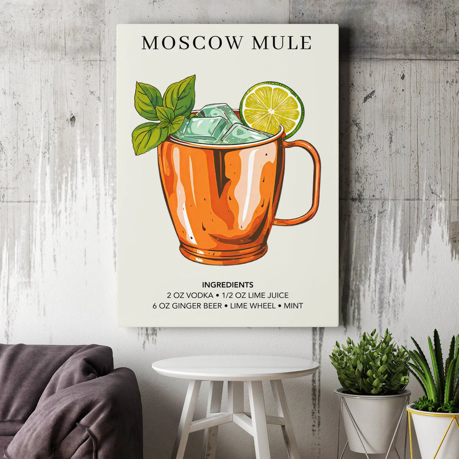 Moscow Mule Cocktail Recipe Wall Art | Modern Copper Mug Kitchen Illustration | Premium Gallery Wrapped Canvas | Bar Cart Decor Gift