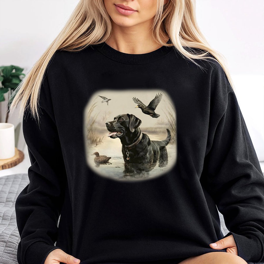 Black Labrador Retriever Sweatshirt | Vintage Hunting Dog Mallard Art | Premium Cotton Blend | Gift for Duck Hunter and Dog Lover