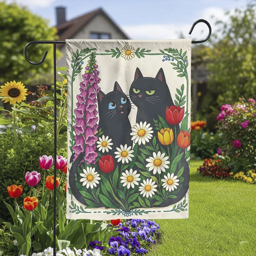 Black Cat Garden Flag | Double Sided Vibrant Daisies and Tulips Floral Art | Weather-Resistant Premium Two-Layer Polyester | Charming Housewarming Yard Gift for Cat Lovers