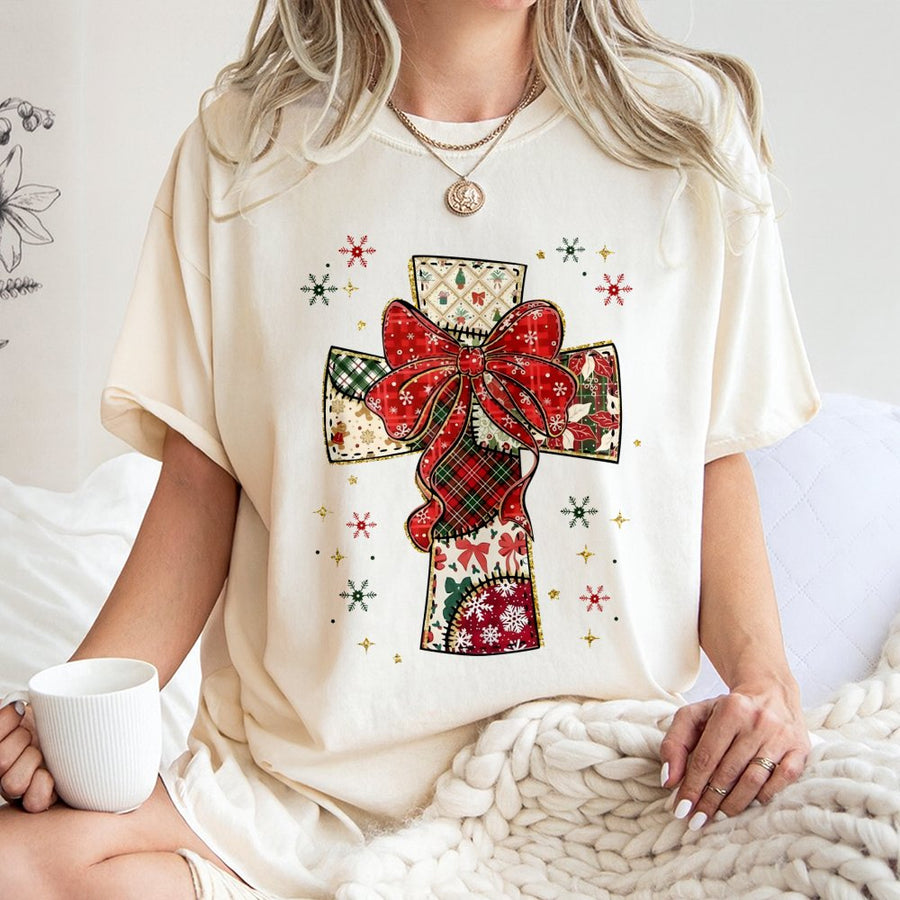 Patchwork Christmas Cross T-Shirt | Festive Religious Holiday Graphic | 100% Soft Cotton Premium Quality | Christian Gift For Women And Men