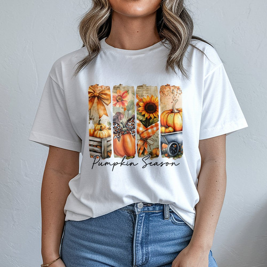 Pumpkin Season T-Shirt | Autumn Floral Sunflower & Leopard Print Graphic | Premium Soft Cotton | Thanksgiving Fall Outfit Gift for Her