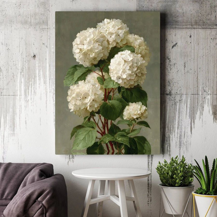 White Hydrangea Botanical Wall Art | Vintage Floral Oil Painting Style | Premium Gallery Wrap Canvas | Elegant Home Decor For Living Room