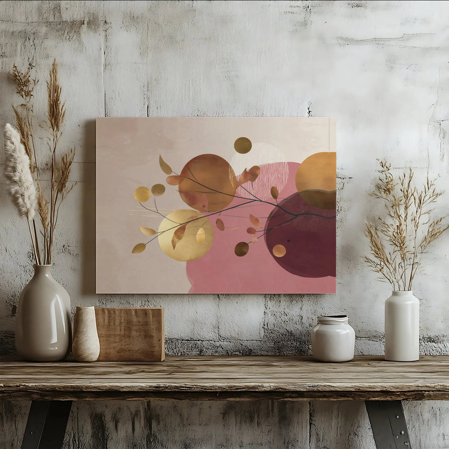 Abstract Geometric Wall Art | Gold Botanical Branch & Circles Print | Premium Gallery Wrap Canvas | Modern Home Decor Gift