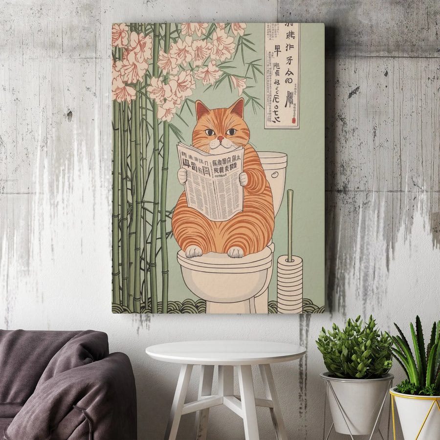 Japanese Ukiyo-e Cat Wall Art | Funny Bathroom Decor Reading Newspaper | Premium Stretched Canvas Print | Quirky Gift for Cat Lovers
