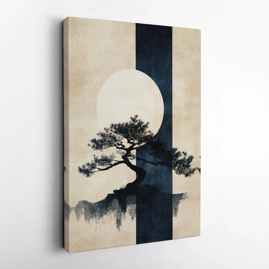 Zen Bonsai Tree Wall Art | Minimalist Japanese Sun Silhouette | Premium Gallery Wrapped Canvas | Modern Home Office Decor Gift