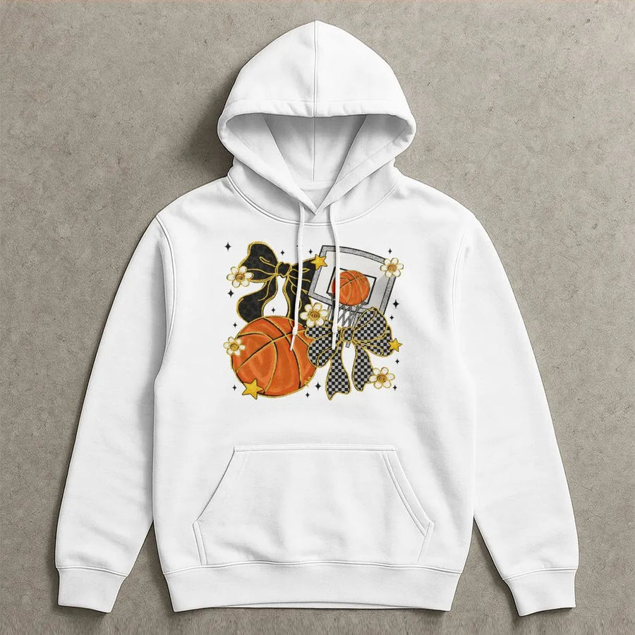 Basketball Coquette Bow Hoodie | Leopard Print Aesthetic Graphic | Premium Cotton Blend | Game Day Gift for Basketball Mama
