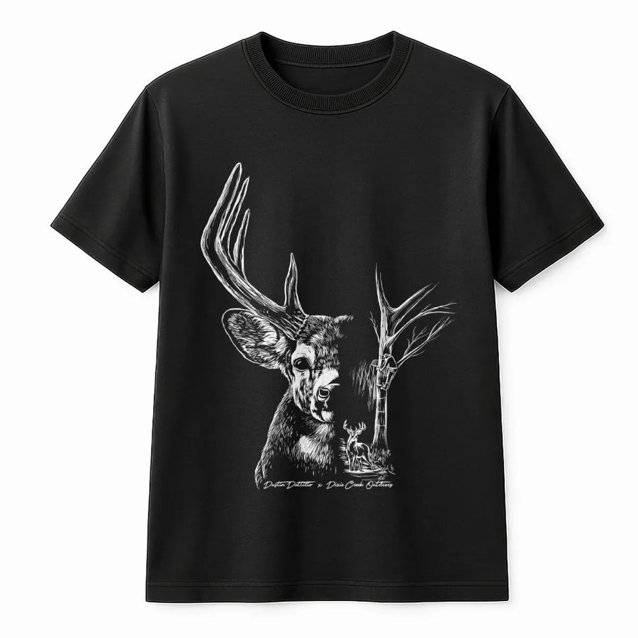 Deer Hunting T-Shirt | Double Exposure Buck Sketch Graphic | 100% Cotton Premium Tee | Nature Lover Wildlife Hunter Gift