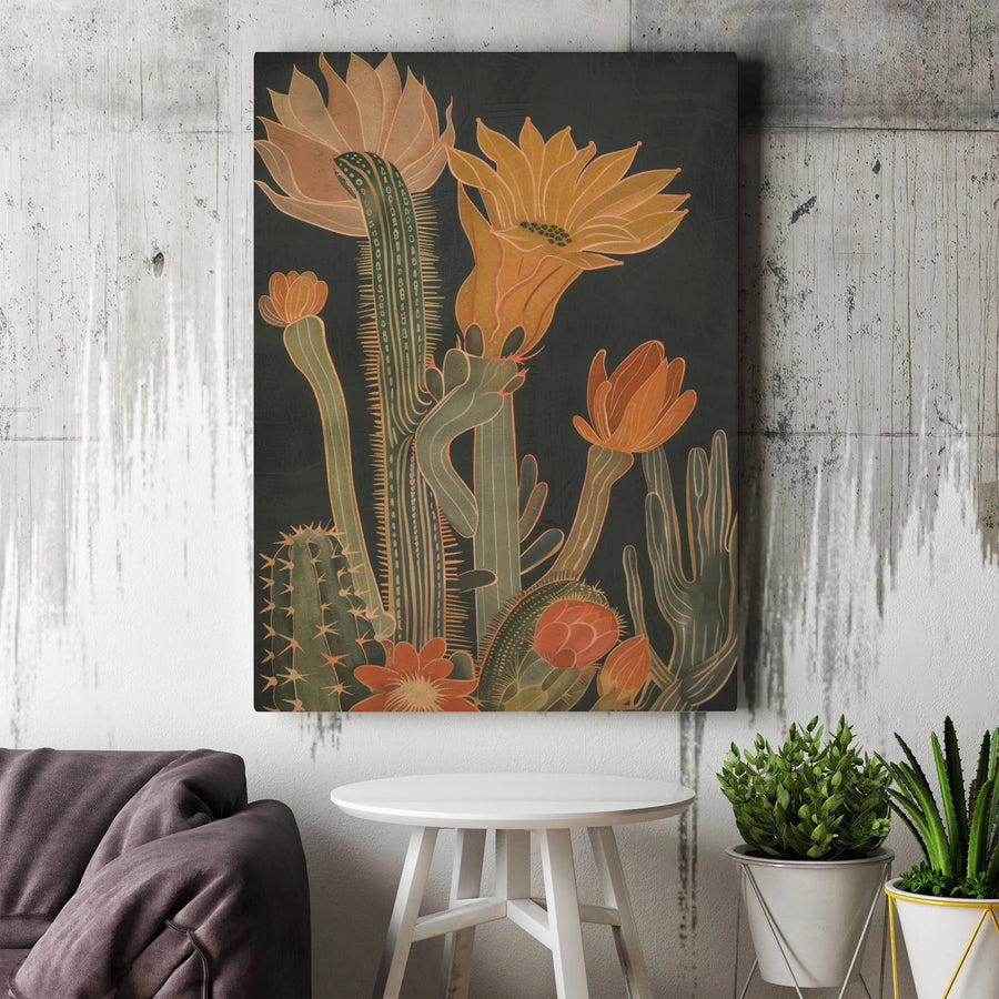 Vintage Desert Floral Vertical Canvas | Retro Botanical Cactus Illustration | Premium Thick Gallery Wrap | Boho Southwestern Wall Decor Gift