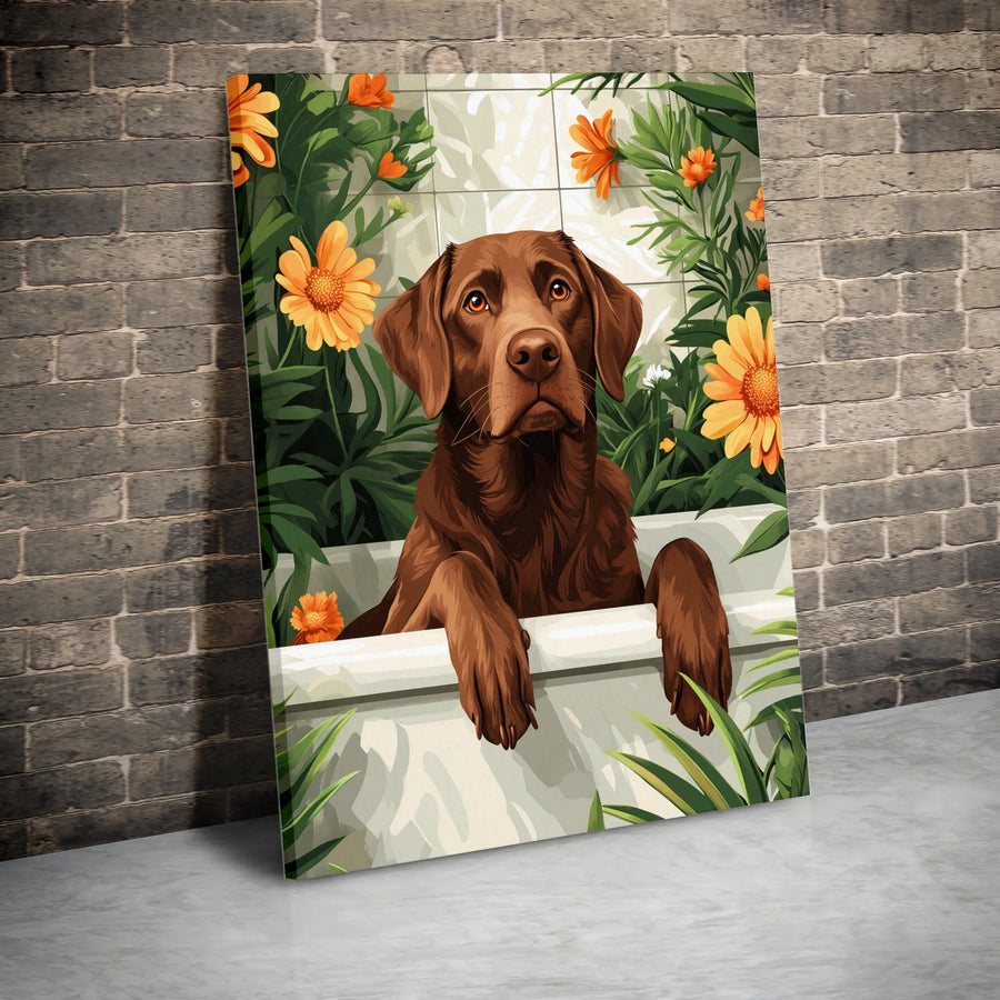 Chocolate Labrador Wall Art | Cute Dog In Bathtub With Floral Decor | 1.25-Inch Premium Gallery Wrap Canvas | Gift For Dog Lovers & Pet Owners