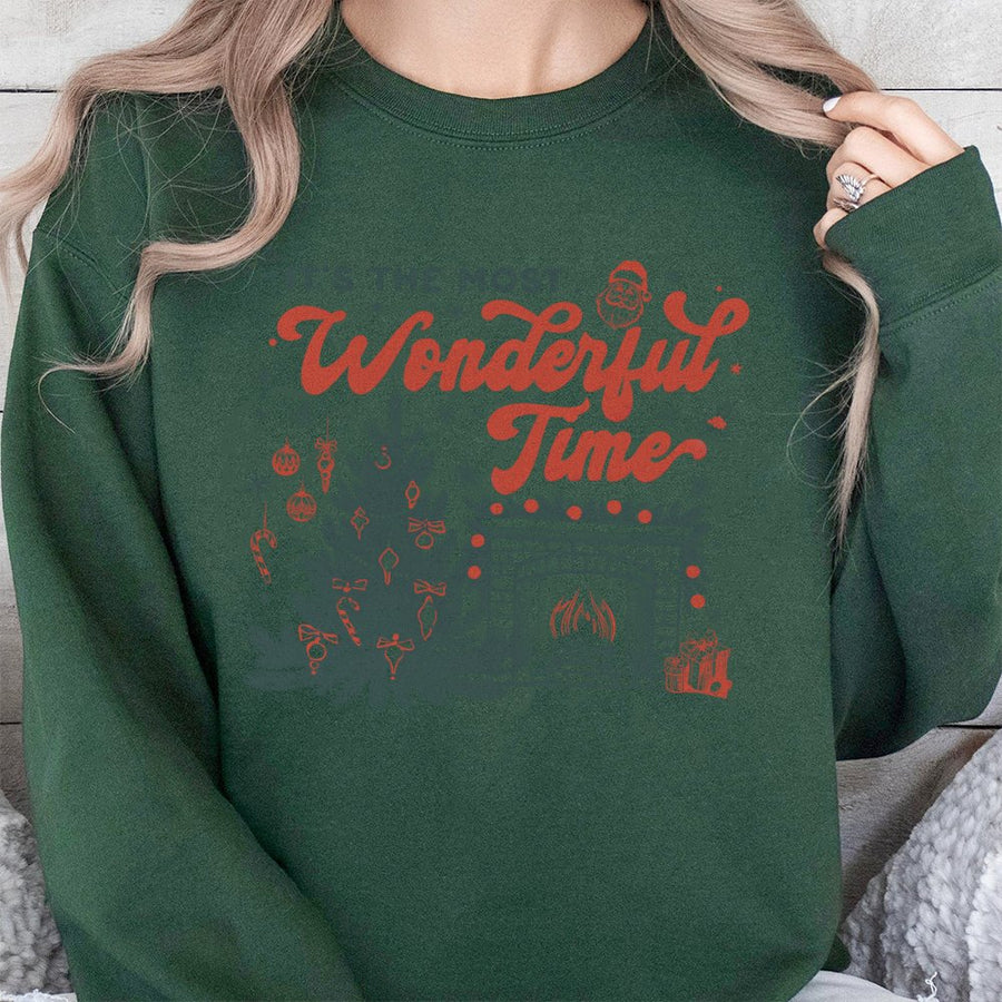 It's The Most Wonderful Time Sweatshirt | Retro Christmas Tree Fireplace Graphic | Premium Cotton Blend | Unisex Holiday Gift For Family