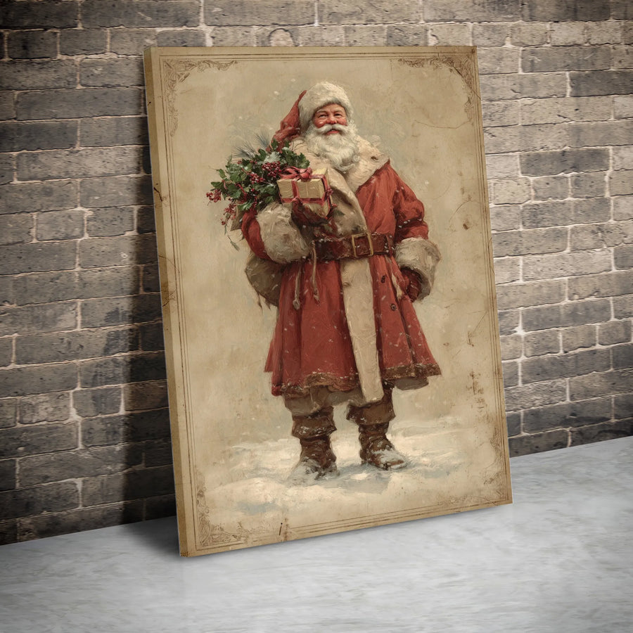 Vintage Santa Claus Wall Art | Traditional Christmas Portrait with Holly | Premium Gallery-Wrapped Canvas | Holiday Home Decor Gift
