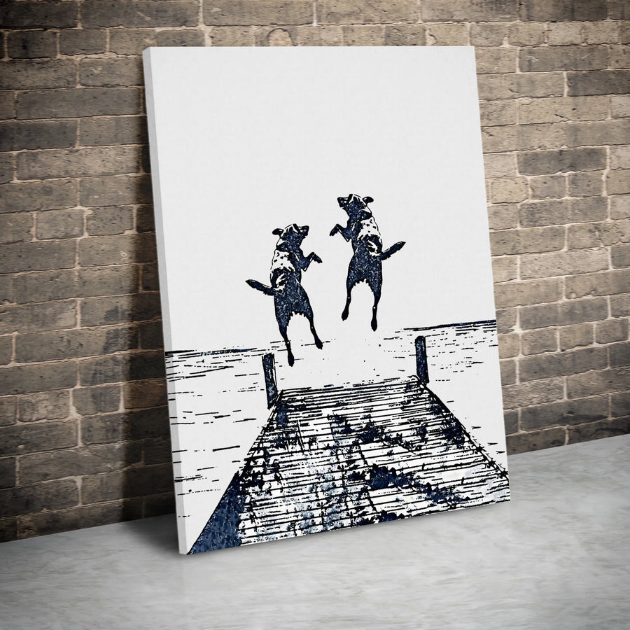 Dog Dock Jumping Wall Art | Black and White Linocut Print | Premium Gallery Wrapped Canvas | Minimalist Pet Lover Home Decor Gift