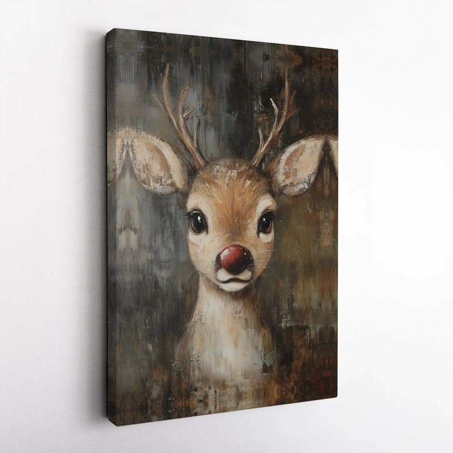 Red Nosed Reindeer Canvas Wall Art | Whimsical Holiday Animal Painting | Premium Fade-Resistant Gallery Wrap | Festive Christmas Home Decor Gift