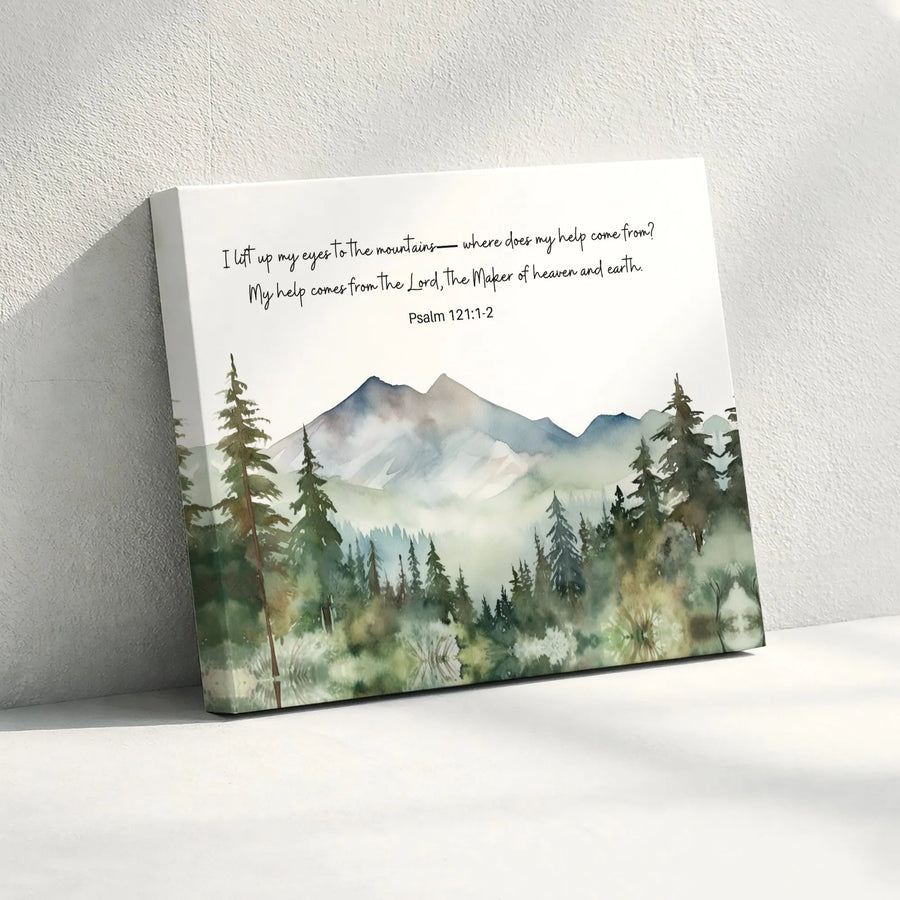 Psalm 121 Scripture Mountain Horizontal Canvas | Watercolor Forest Landscape Wall Art | Premium Frameless Gallery-Style Print | Christian Housewarming Gift