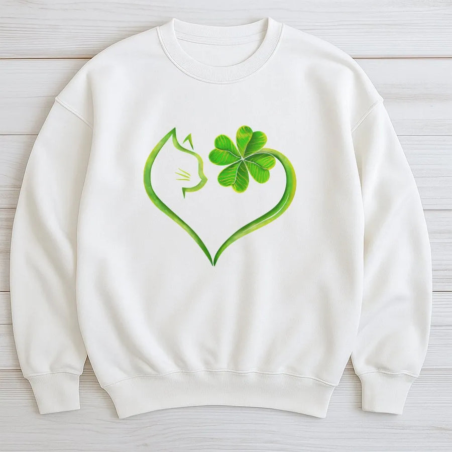 St Patricks Day Cat Sweatshirt | Four Leaf Clover Heart Design | Soft Cotton Blend | Lucky Irish Gift for Cat Lovers