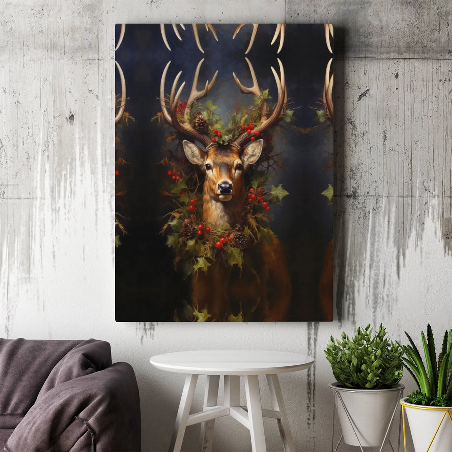 Christmas Deer Canvas Wall Art | Rustic Holly and Pinecone Wreath Print | Gallery-Quality 1.25" Profile | Holiday Farmhouse Home Decor