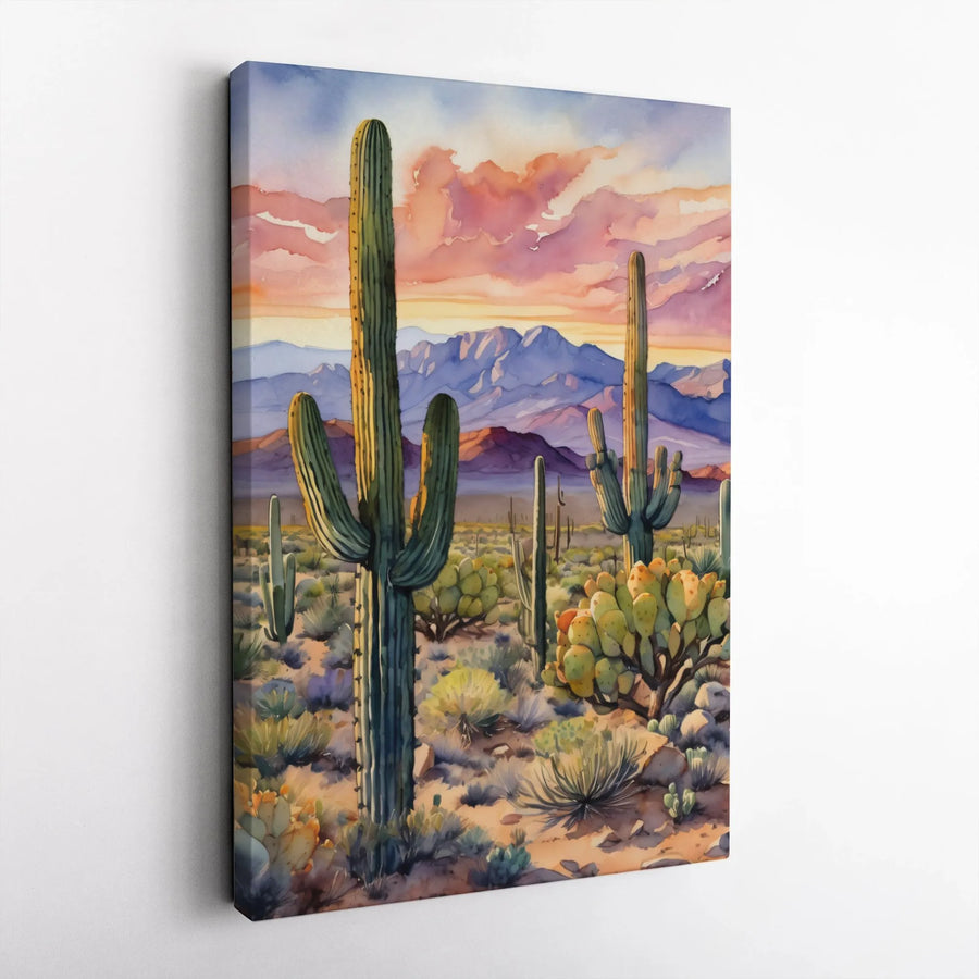Sonoran Desert Cactus Vertical Canvas | Watercolor Arizona Landscape Art | Premium Gallery Wrapped Print | Southwestern Home Decor Gift