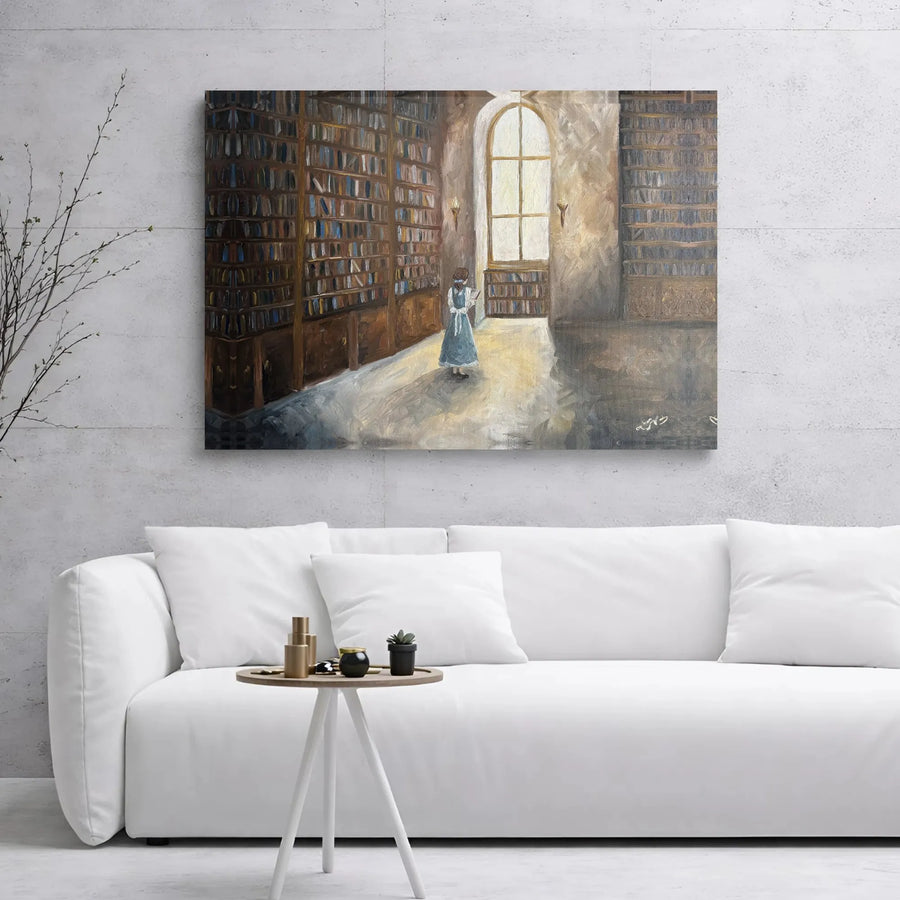 Girl Reading In Library Canvas | Impressionist Book Lover Art | Premium Gallery Wrapped Print | Academic Aesthetic Wall Decor For Home Office