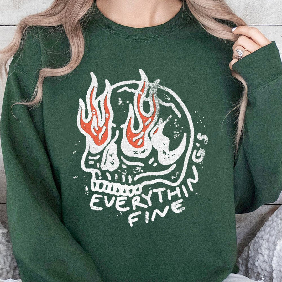 Everything Is Fine Skull Sweatshirt | Burning Head Graphic Print | Premium Cotton Blend | Edgy Grunge Gift for Him and Her