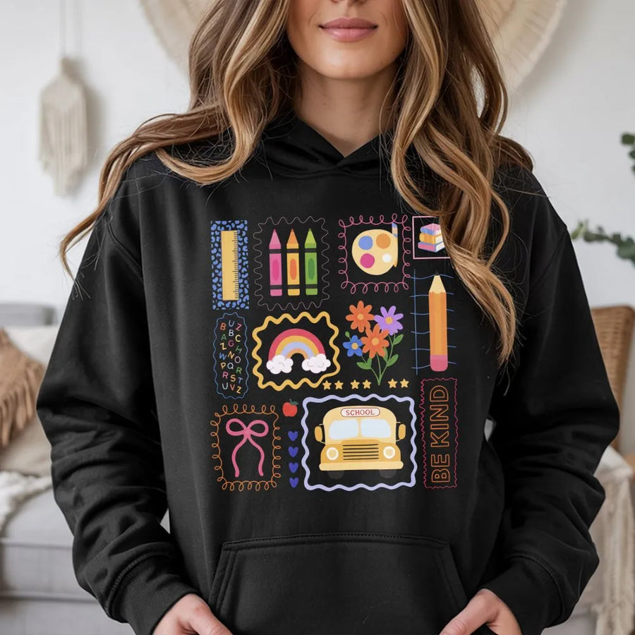 Teacher Hoodie | Back To School Colorful Doodle Design | Premium Cotton-Poly Blend | Cute Gift For Teachers And Students