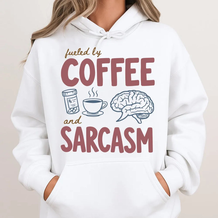 Fueled by Coffee and Sarcasm Hoodie | Funny Medical Humor Graphic | Premium Cotton Blend | Gift for Registered Nurse, Doctor, Medical Student