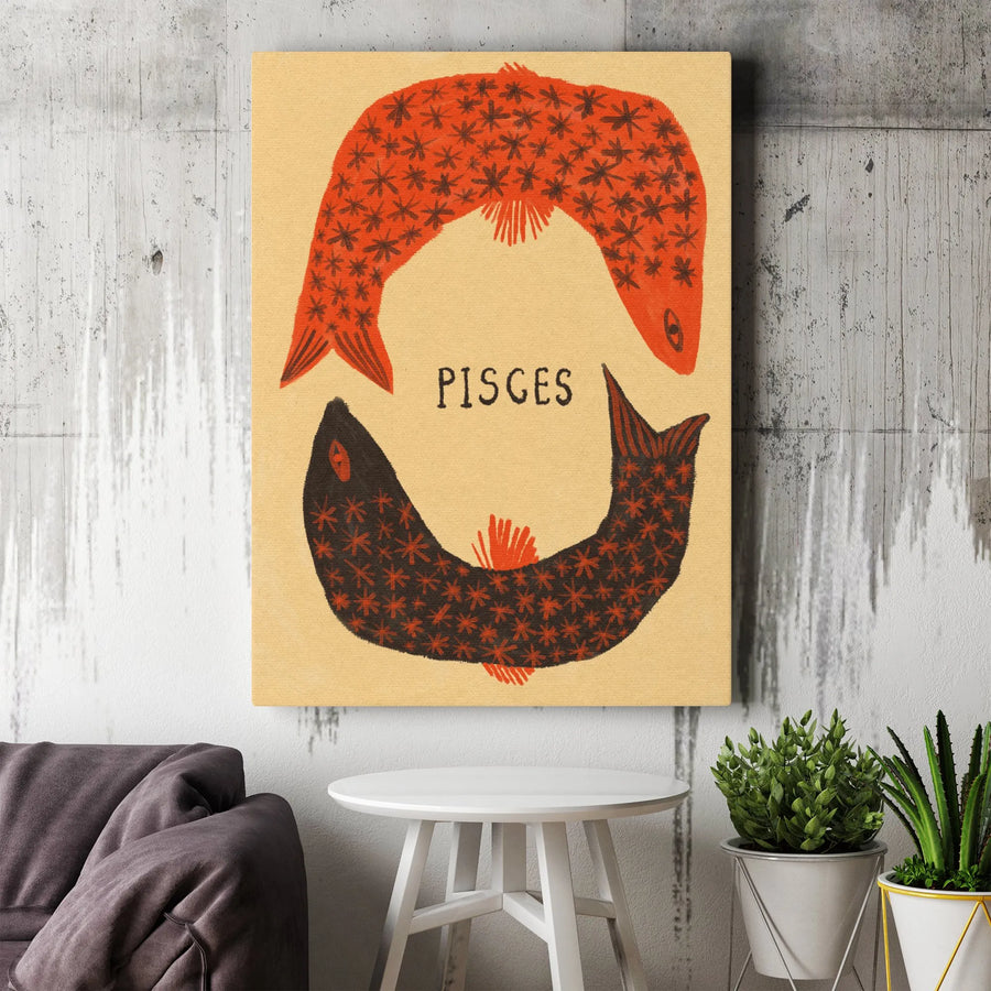Pisces Zodiac Wall Art | Retro Bohemian Fish Astrology Print | Gallery Quality Stretched Canvas | Birthday Gift for Her or Him