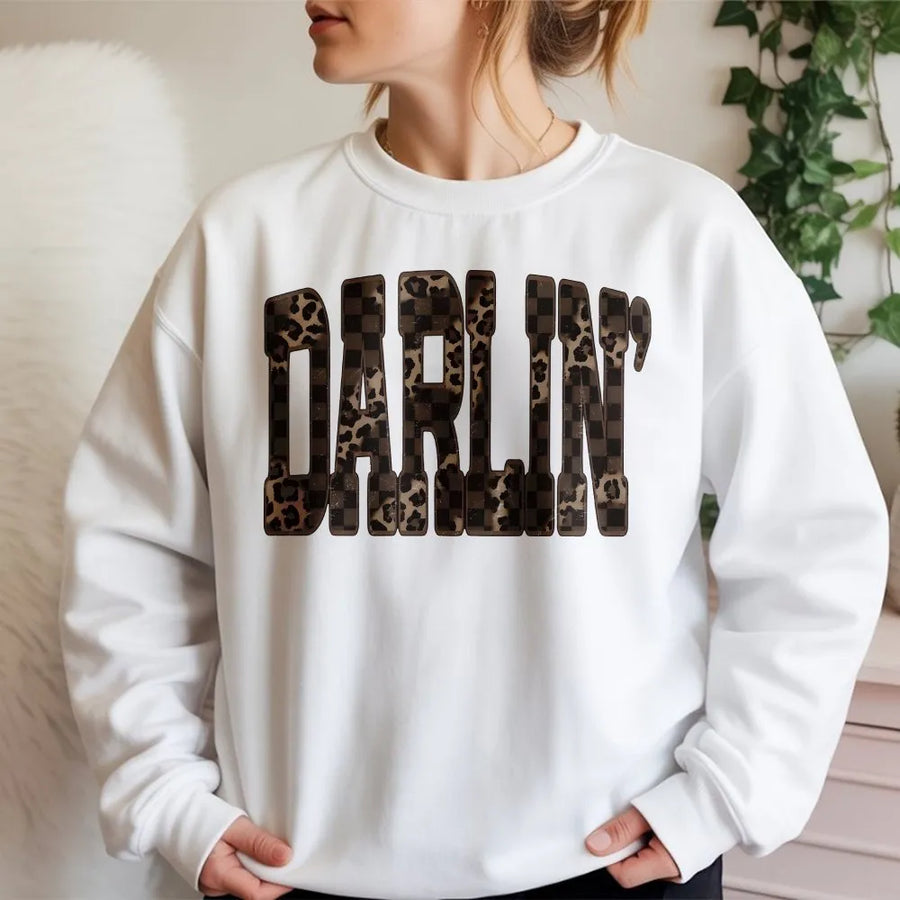 Darlin' Western Sweatshirt | Leopard & Checkered Graphic Sweatshirt | Premium Cotton-Blend | Southern Cowgirl Gift for Country Music Fans