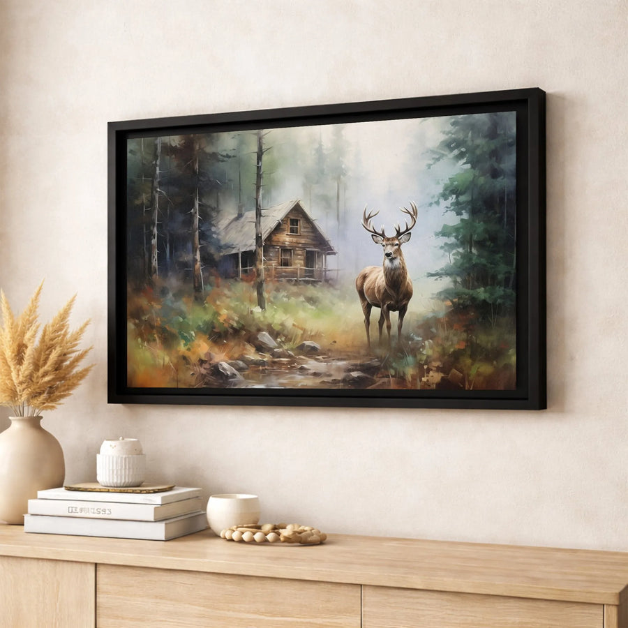 Stag in Misty Forest Canvas Wall Art | Rustic Log Cabin Landscape | Premium Gallery-Wrapped Print | Wildlife Nature Decor for Cabin Home