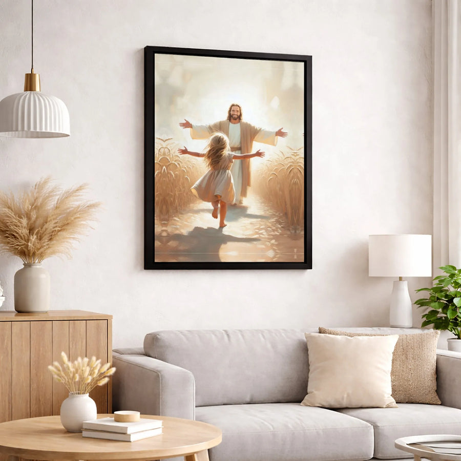 Jesus Welcoming Child Canvas Print | Religious Wheat Field Wall Art | Premium Gallery Wrapped Decor | Christian Home Gift for Faith Lovers