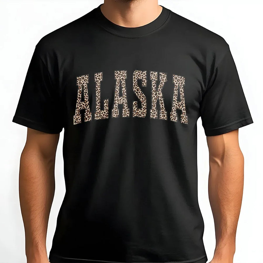 Alaska T-Shirt | Leopard Print Collegiate Pullover | Soft Unisex Crewneck | State Pride Souvenir Gift for Student