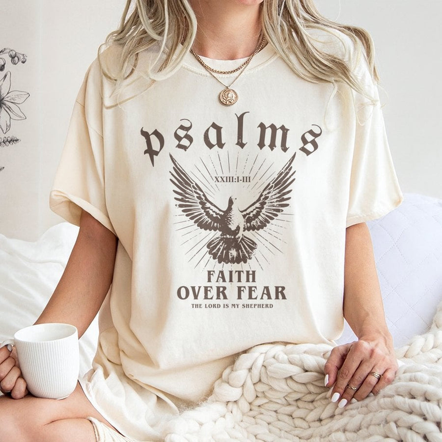 Faith Over Fear T-Shirt | Christian Dove Graphic Psalms 23 Design | Premium 100% Cotton Tee | Inspirational Religious Gift for Men and Women