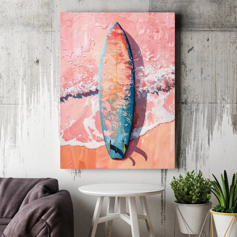 Surfboard Wall Art | Tropical Pink Beach Ocean Waves Canvas Print | Premium Gallery Wrap Decor | Coastal Summer Home Decor Gift