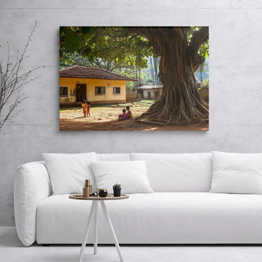 Rural Village Scene Canvas Wall Art | Children Under Banyan Tree Photography | Premium 1.25" Gallery Wrap | Cultural Home Decor Gift