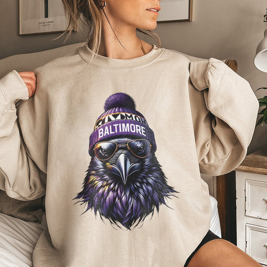 Iv Mm Baltimore Raven Mascot With Sunglasses And Beanie Sweatshirt