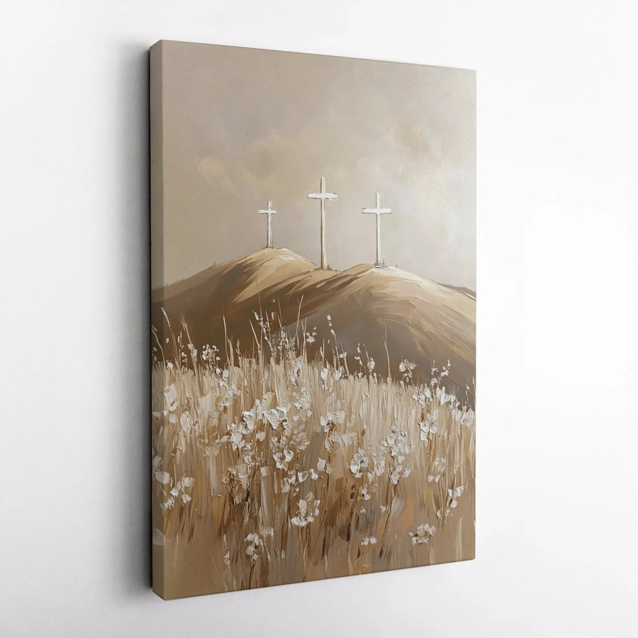 Christian Wall Art Canvas | Three Crosses on Calvary Hill Print | Textured Brushstroke Painting Style | Premium Religious Home Decor Gift