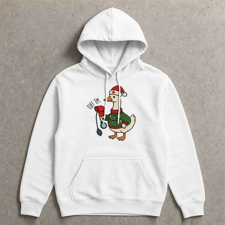 Nurse Christmas Hoodie | Cuff Em Funny Goose Design | Premium Cotton Blend Pullover | Cute Holiday Gift for Nurses and Nursing Students