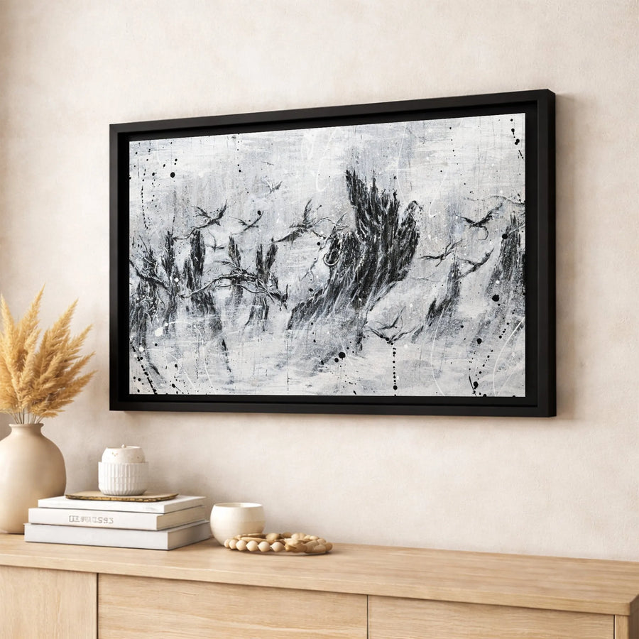 Abstract Bird Wall Art | Monochrome Splatter Ink Nature Canvas | Premium 1.25-Inch Gallery Wrap | Modern Minimalist Home Office Decor