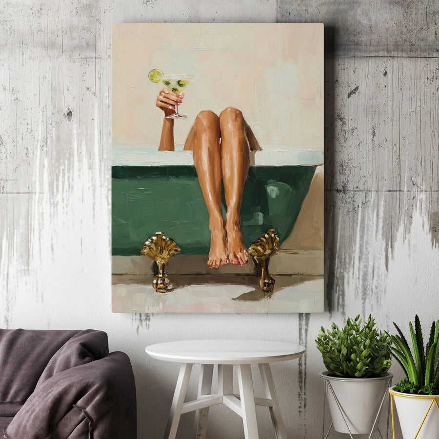 Relaxing Bathroom Wall Art Canvas | Woman in Clawfoot Tub with Cocktail Print | Premium Frameless Gallery Wrap | Chic Home Decor Gift for Her