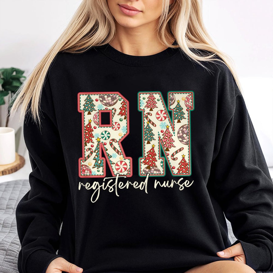 RN Registered Nurse Sweatshirt | Festive Holiday Tree Pattern | Cotton-Polyester Premium Blend | Christmas Nurse Gift for Her