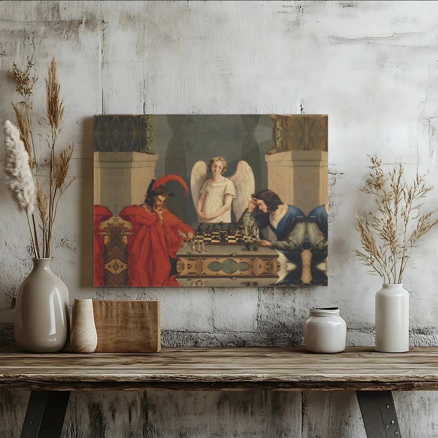 The Chess Players Wall Art | Moritz Retzsch Devil vs Man Painting | Premium Gallery Wrap Canvas | Gothic Home Decor Gift for Chess Lovers