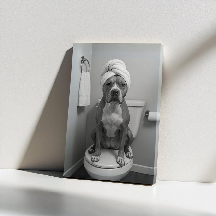Funny Pit Bull Bathroom Wall Art | Dog on Toilet with Towel Portrait | Premium Gallery Wrap Canvas | Unique Home Decor Gift for Dog Lovers
