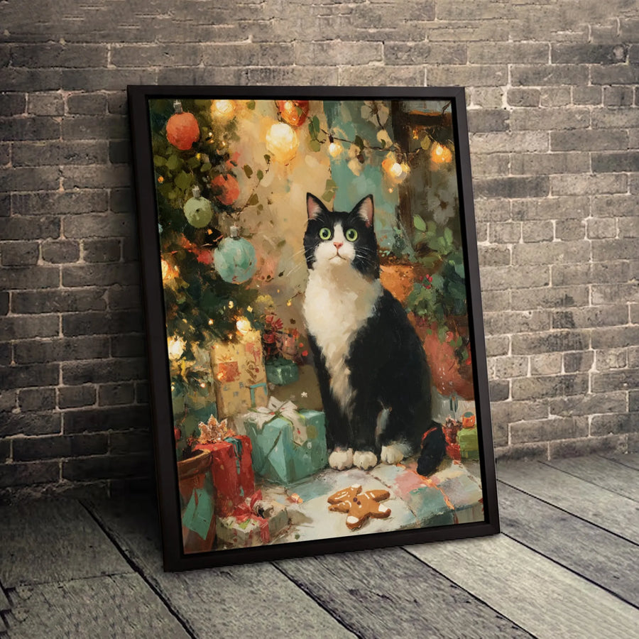 Tuxedo Cat Christmas Canvas Art | Festive Holiday Tree Oil Painting | Gallery Quality 1.25” Thick Print | Cozy Winter Home Decor Gift