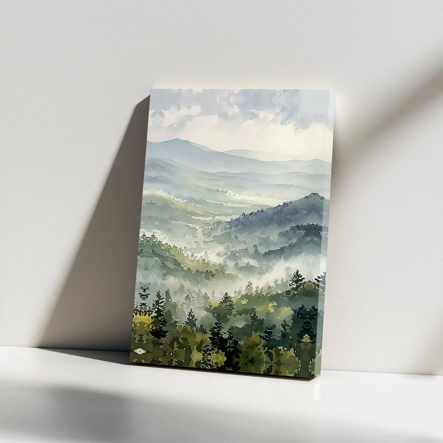 Misty Mountain Canvas Print | Watercolor Foggy Forest Landscape | Premium Gallery Wrapped Wall Art | Modern Farmhouse Decor Gift for Nature Lover