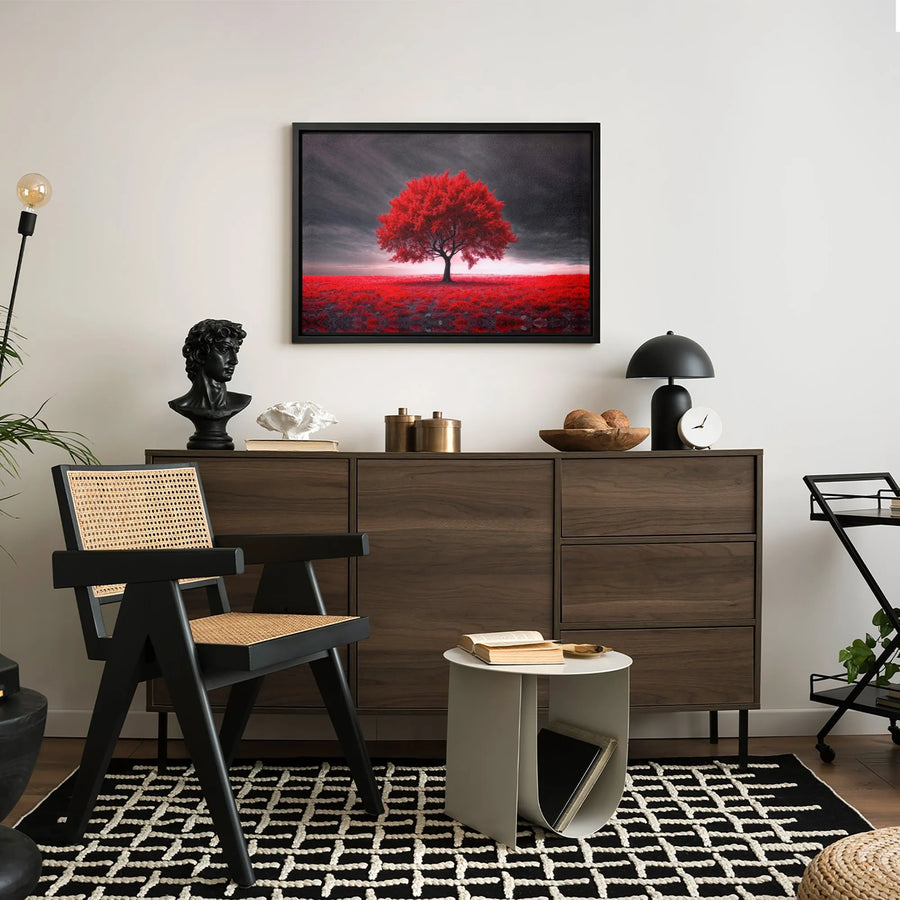 Lone Red Tree Canvas Wall Art | Surreal Crimson Landscape Print | Gallery Wrapped Fade-Resistant Decor | Modern Home Office Statement Piece