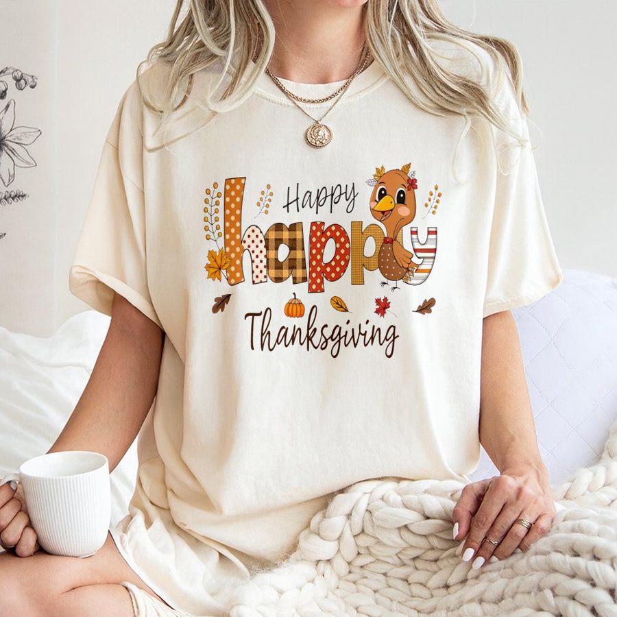 Happy Thanksgiving T-Shirt | Cute Turkey Fall Graphic | Premium 100% Cotton Tee | Festive Holiday Gift for Family and Friends
